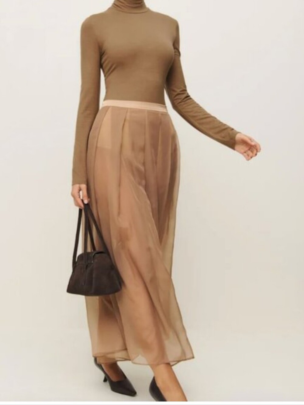 REFORMATION Zarina Skirt, Tan, M, Sheer Skirt with Built-In Undergarment, NWT
